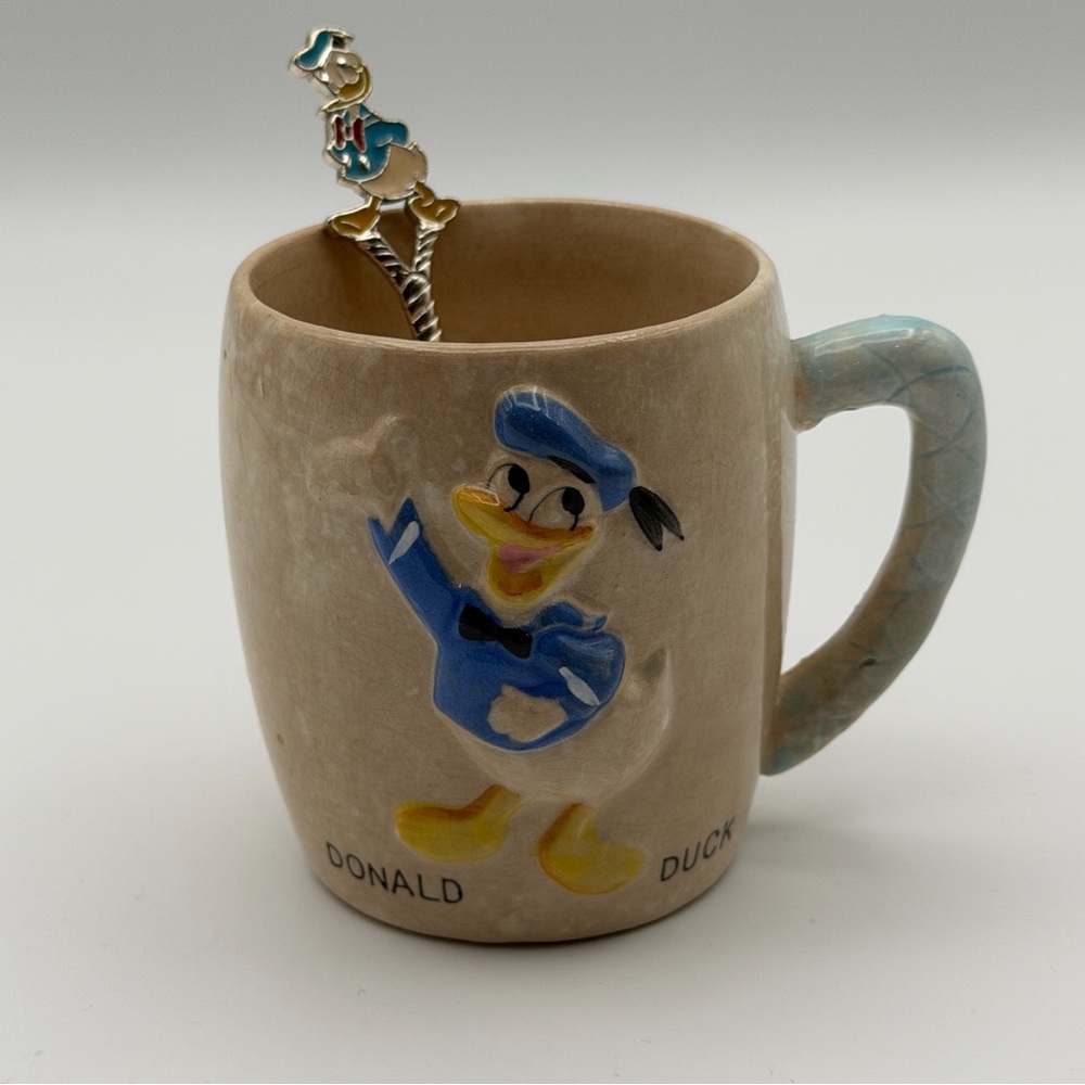 Vintage Walt Disney‎ Productions Donald Duck Ceramic Mug & Enamel Spoon Set